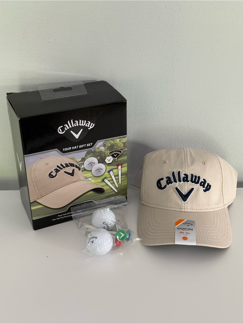 Men’s Callaway Golf Hat Gift Set UPF 30+ Cap Balls Tees Marker Fathers Day Gift